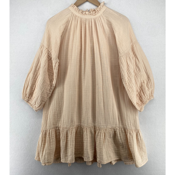 APIECE APART Dress 2 Cotton Gauze Flounce Peasant Smocked Balloon Sleeve Orange - Picture 1 of 13